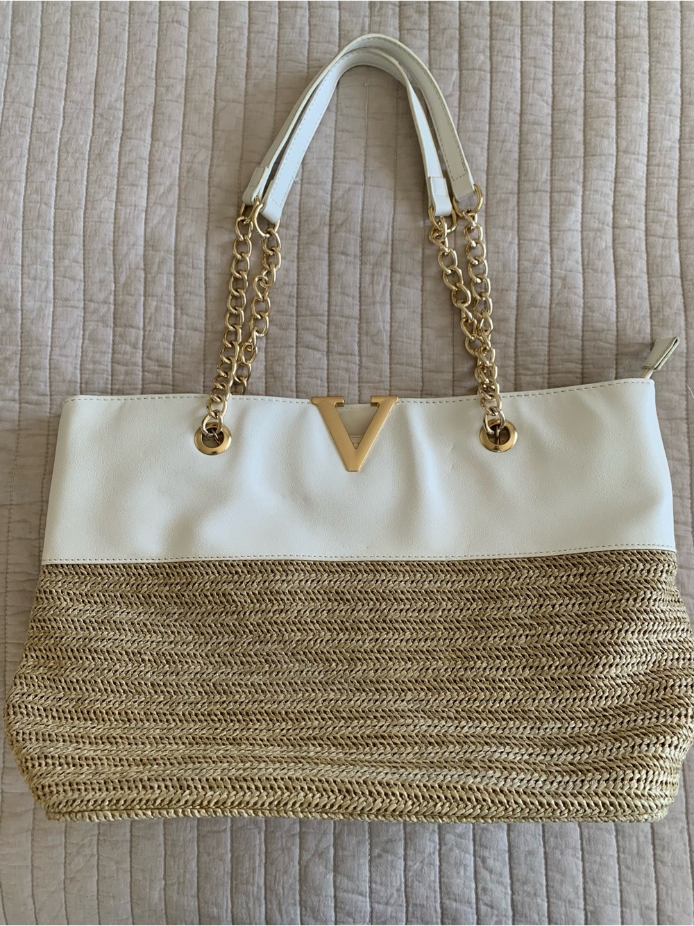 Grossi Straw and Faux Leather Tote with Gold colored hardware Zipper Closure